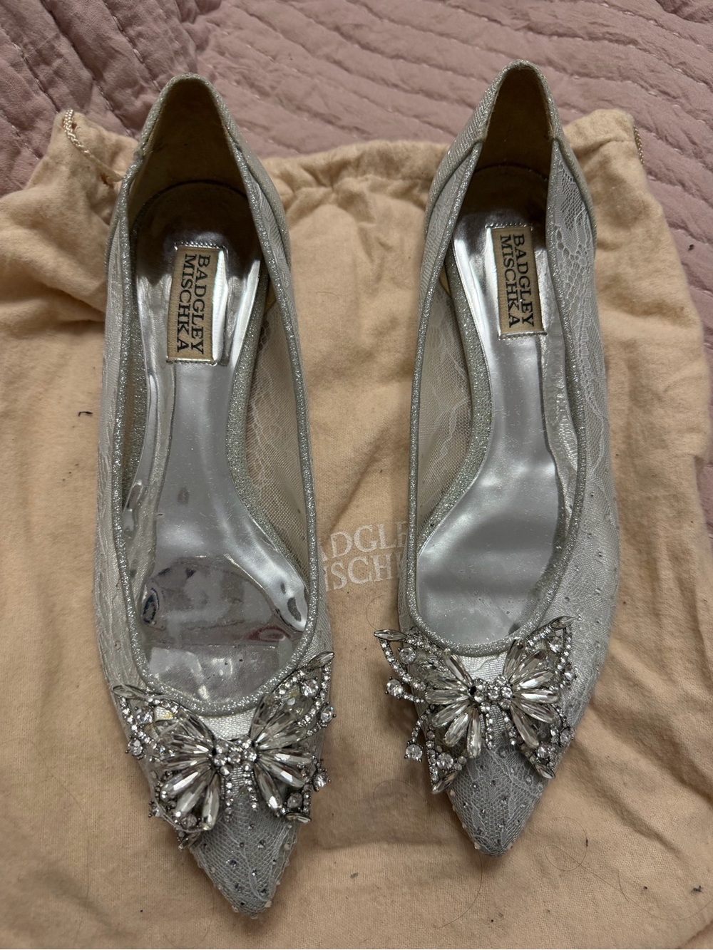 Badgley Mischka Silver Lace Pointed Flats with Crystal Butterfly